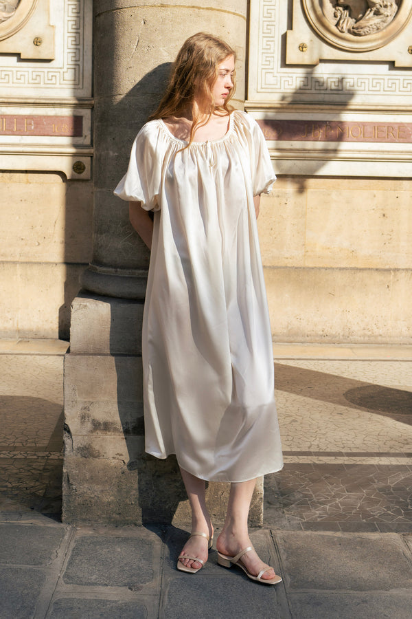 Museum of Crush - Angel Sculpture Print Silk Off-Shoulder Dress