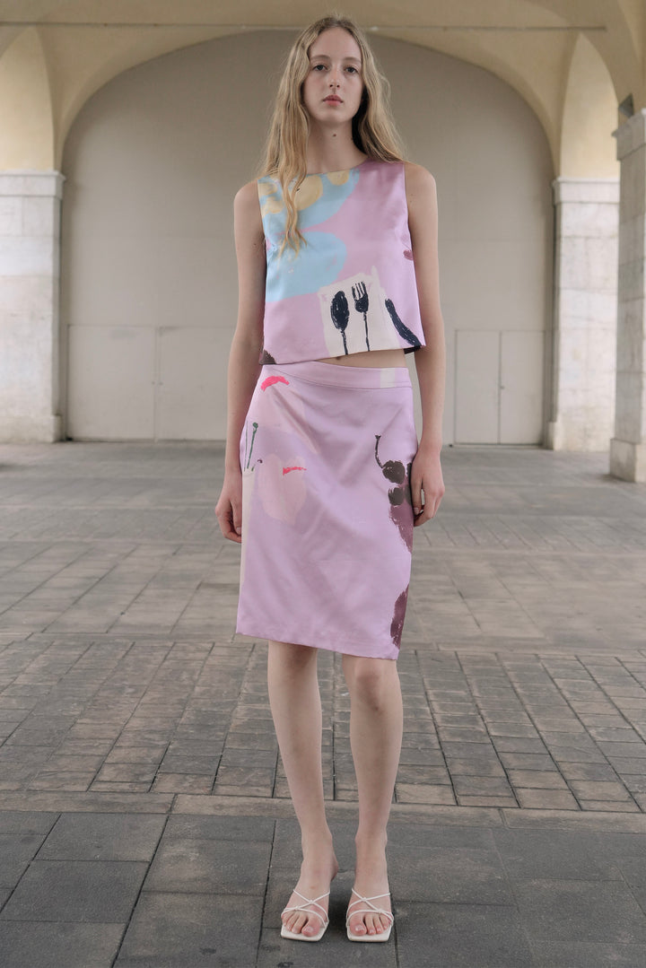 PAJA Dinner Hour Printed Silk Wool Satin Skirt