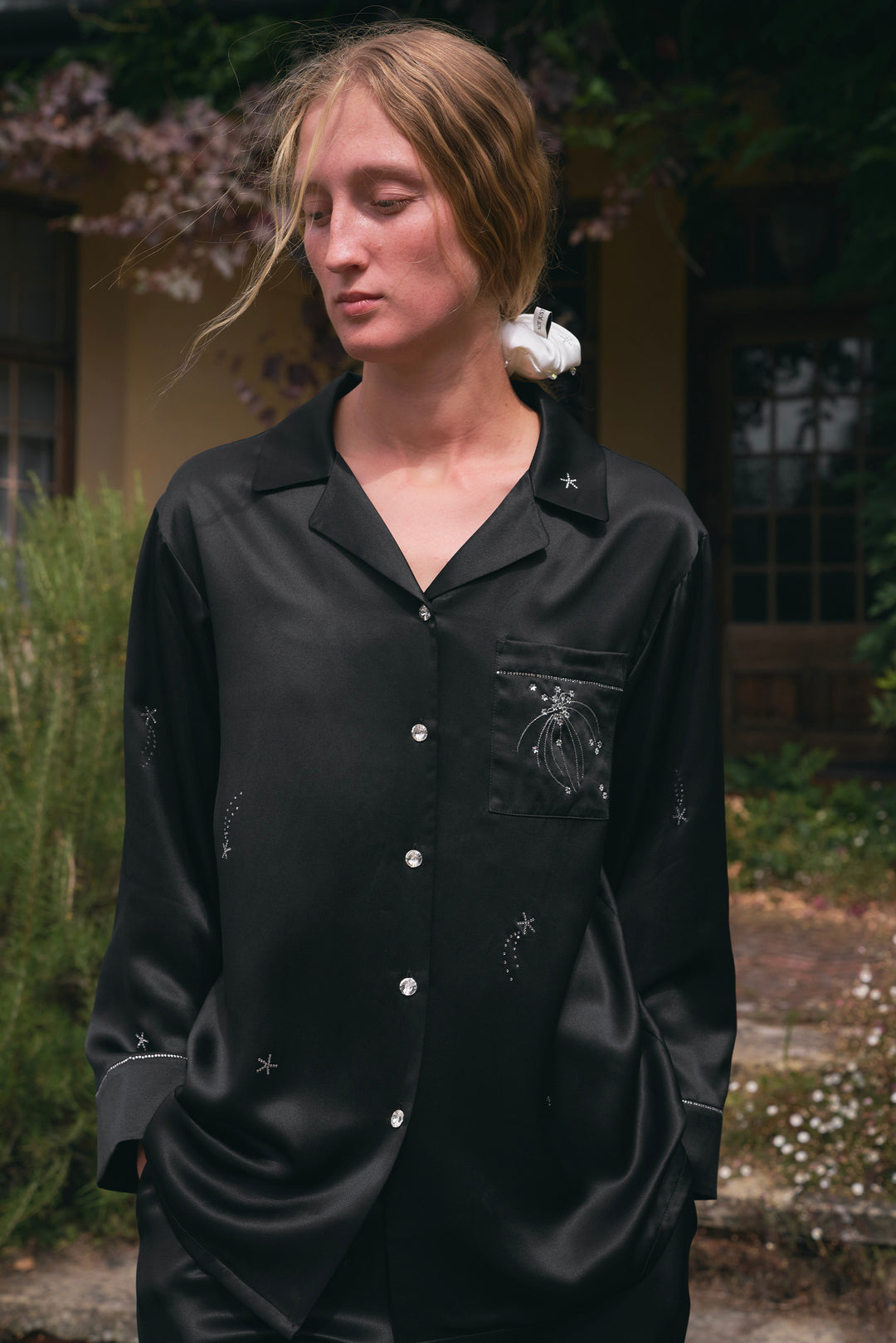 VEGA Collection Silk Rhinestone-Embellished  Long Sleeve Set - Black