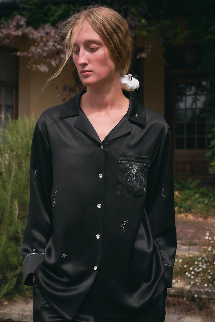 VEGA Collection Silk Rhinestone-Embellished  Long Sleeve Set - Black