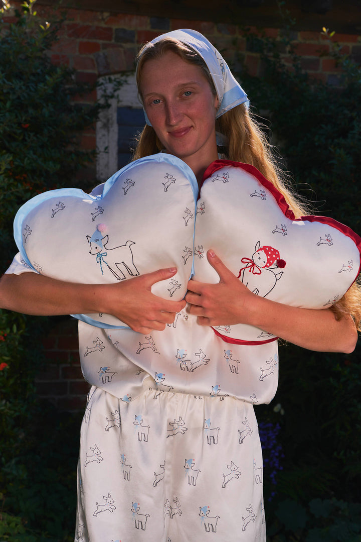 Bubbie 22 Momme Silk Printed Rhinestone Pom-Pom Heart Pillow