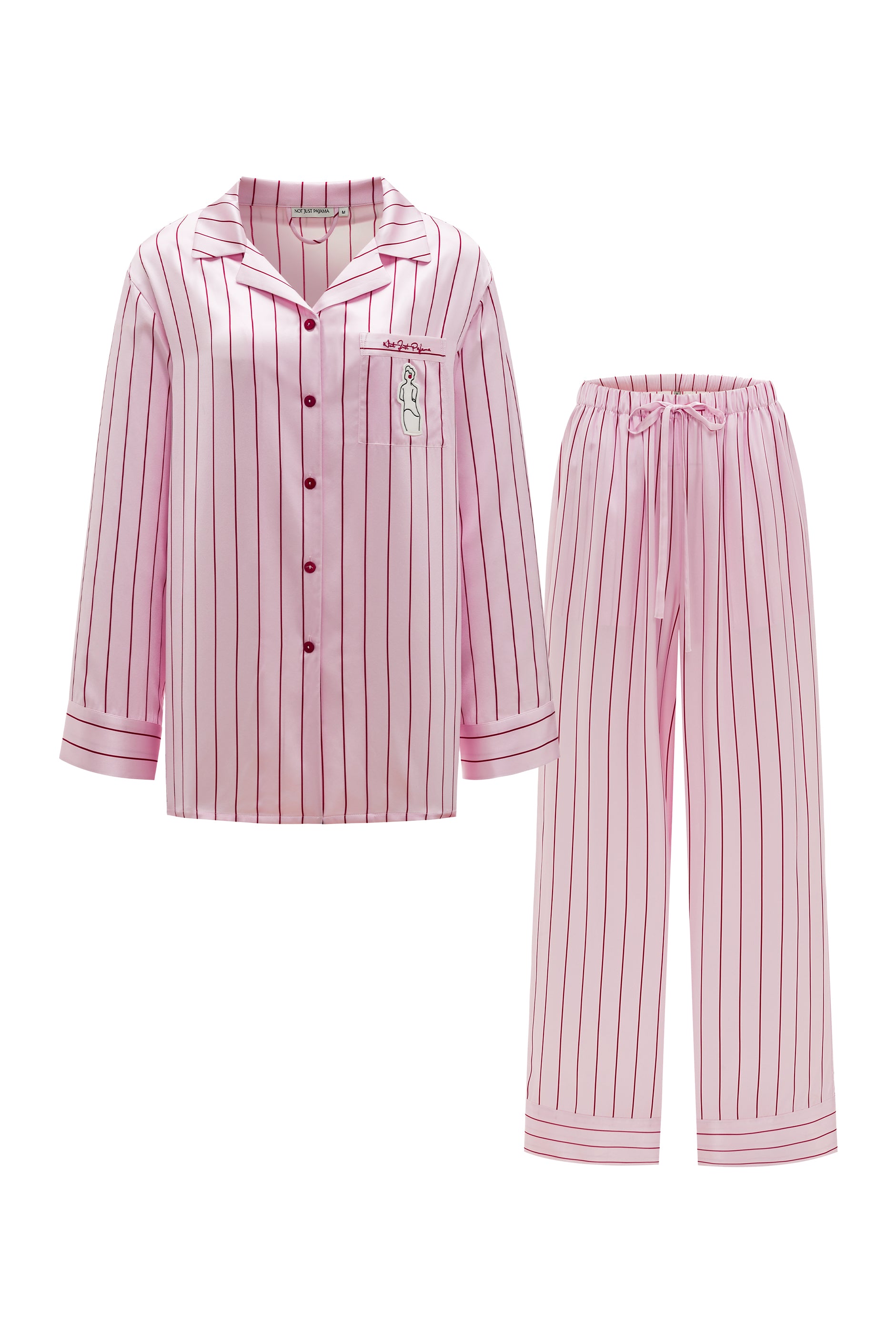 Museum of Crush - Striped Pink Women's Long Pajama Set-Silk Pajamas Long Set-Pink-S-NJP2566-Not Just Pajama