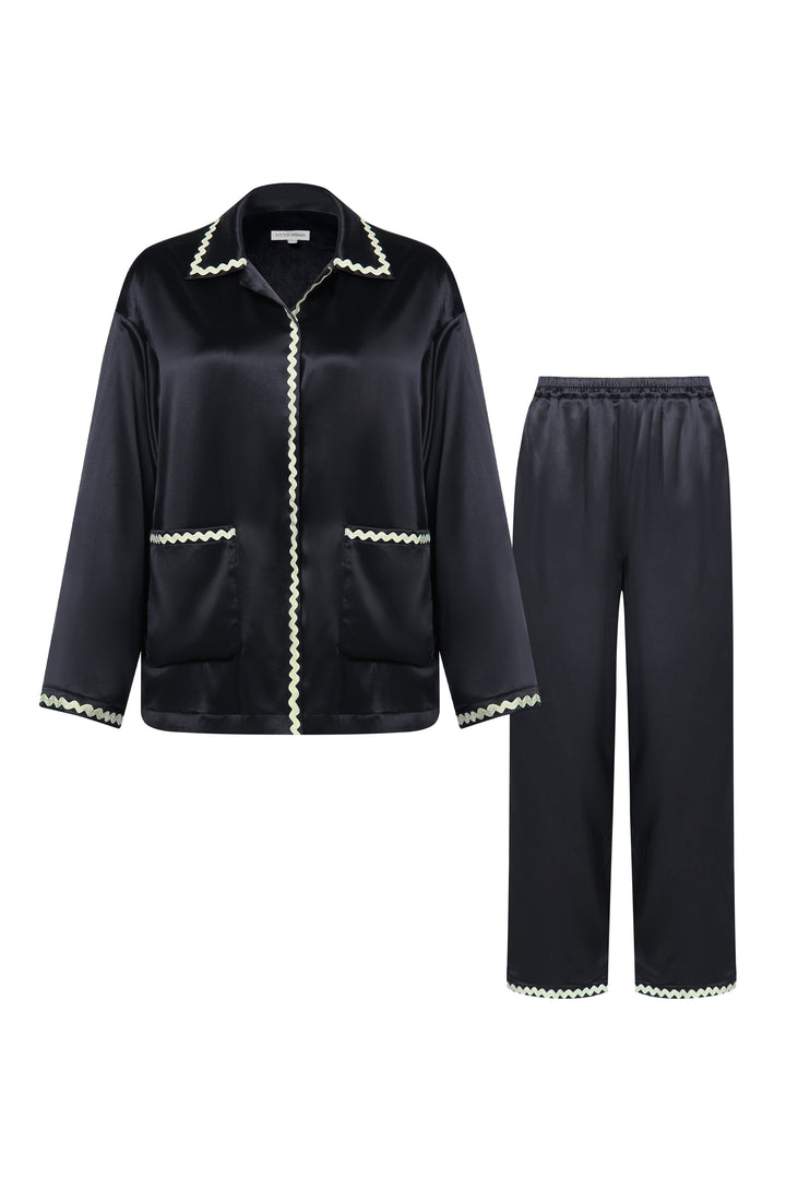 Floating Collection Unisex Silk Pajamas Long Set - Rich Black
