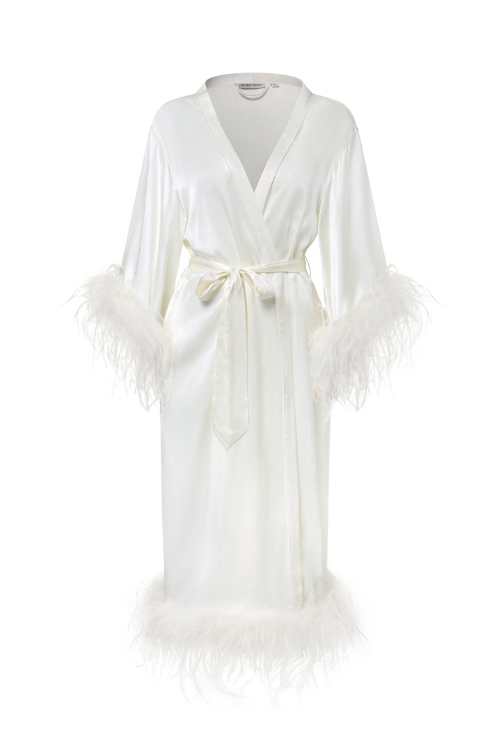 Bride-To-Be Edition | Silk Long Robe with Removable Feathers - Light Blue-Silk Dress-Ivory with White Feathers-S-Not Just Pajama