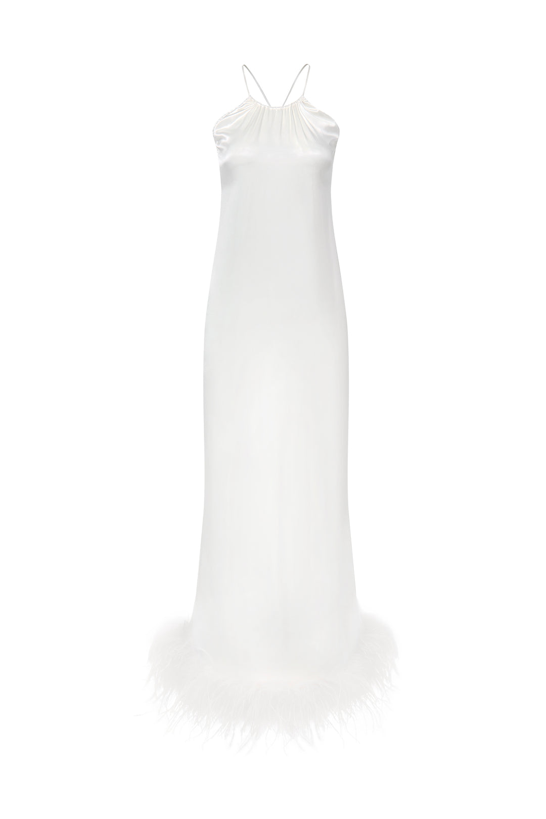 Bride-To-Be Edition | Halter Neck Silk Long Dress with Removable Feathers-Silk Dress-Ivory with White Feathers-S-Not Just Pajama