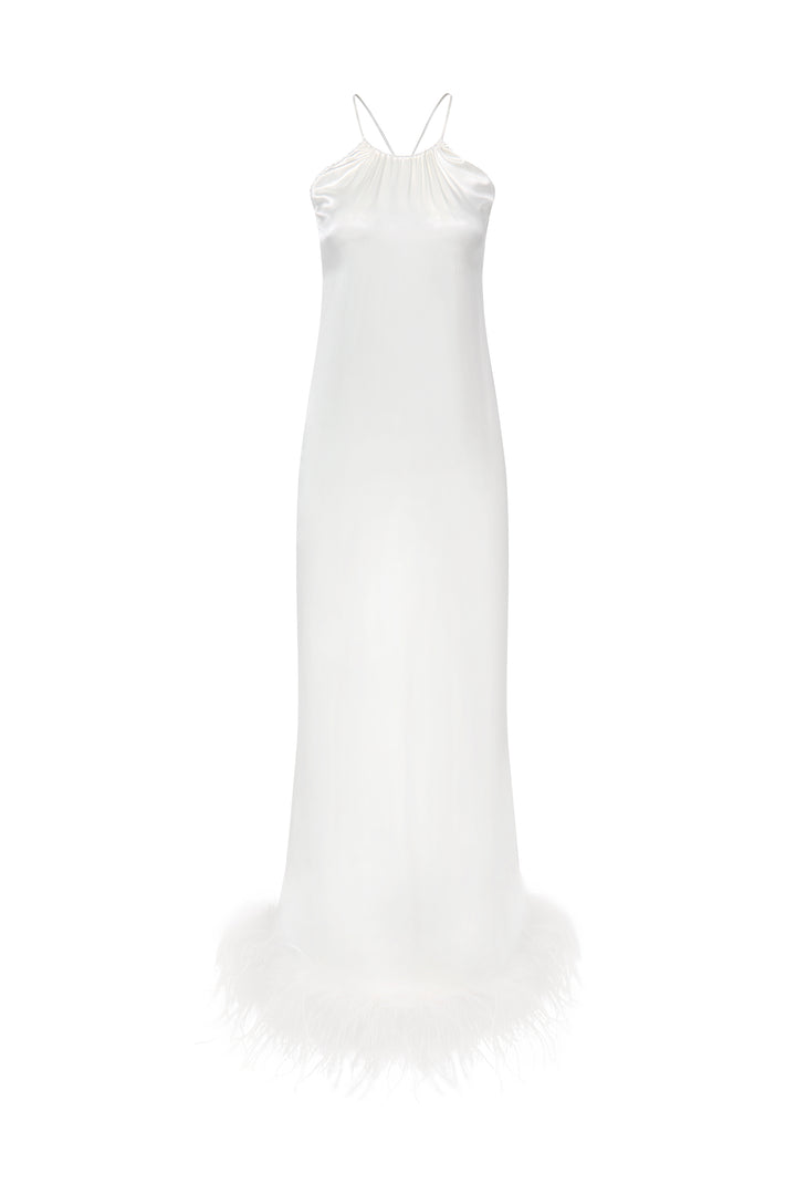 Bride-To-Be Edition | Halter Neck Silk Long Dress with Removable Feathers-Silk Dress-Ivory with White Feathers-S-Not Just Pajama