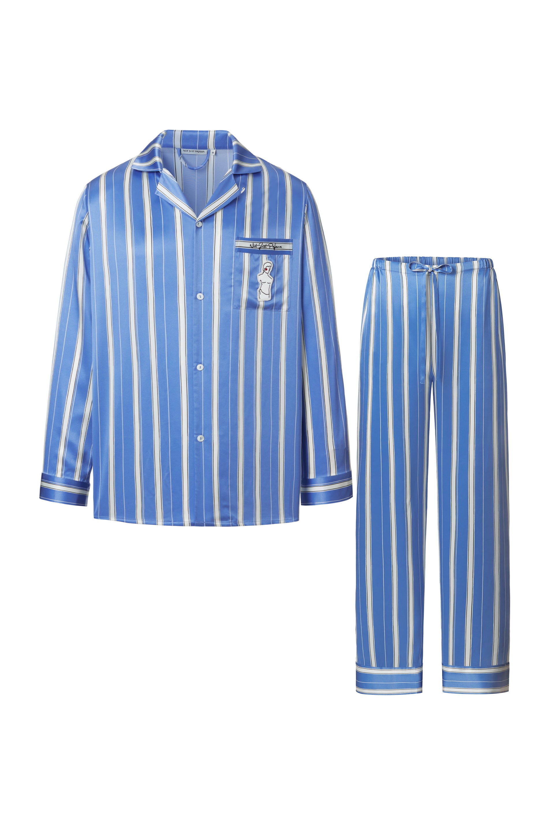 Museum of Crush — Blue Striped Men’s Long Pajama Set-Silk Pajamas Long Set-Blue-M-NJP2549-Not Just Pajama