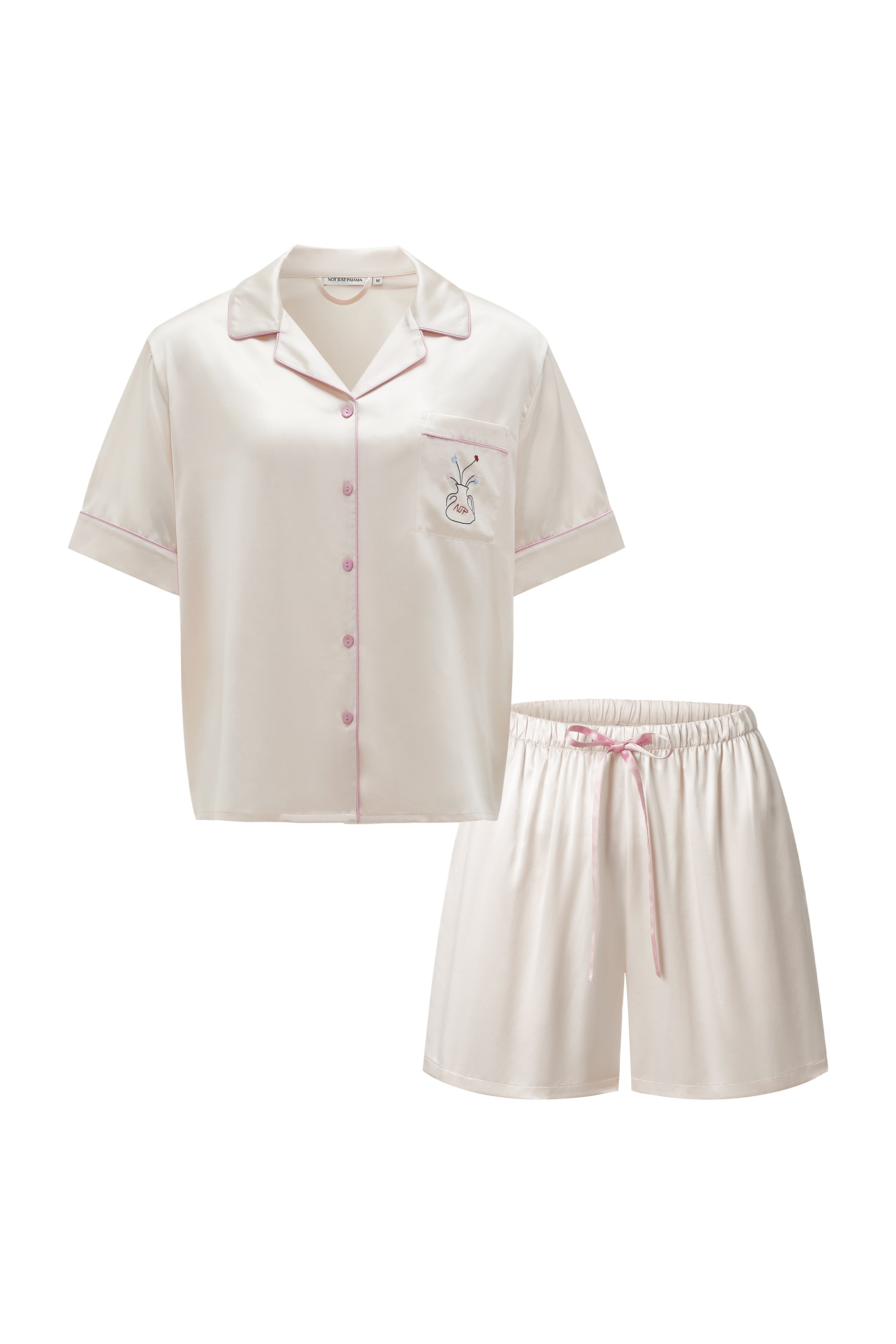 Museum of Crush - Embroidered Blush Pink Women's Short Pajama Set-Silk Pajamas Short Set-Pink-S-NJP2557-Not Just Pajama