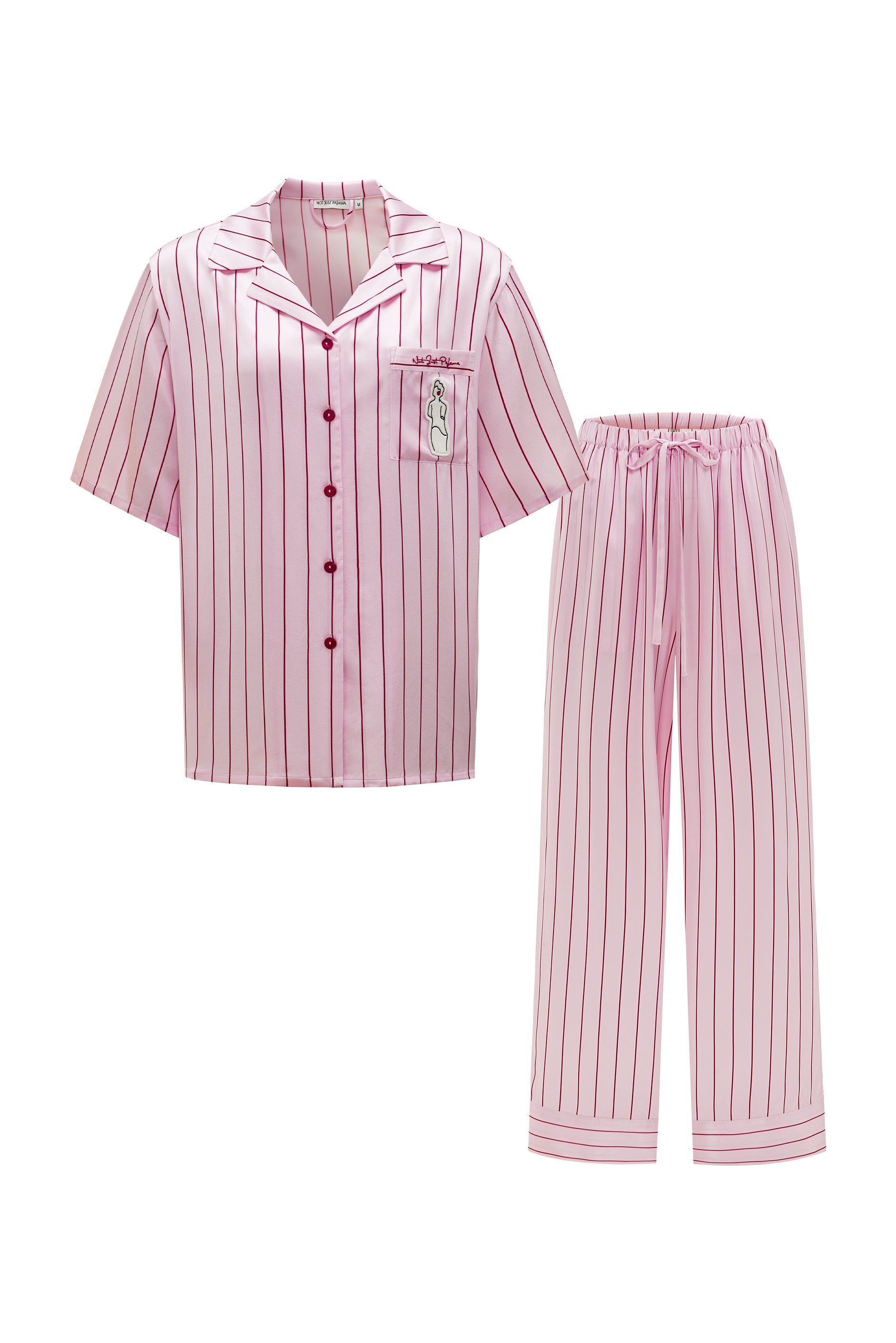 Museum of Crush - Blush Pink Striped Short Sleeve & Long Pants Pajama Set-Silk Pajamas Short Set-Pink-S-NJP2574-Not Just Pajama