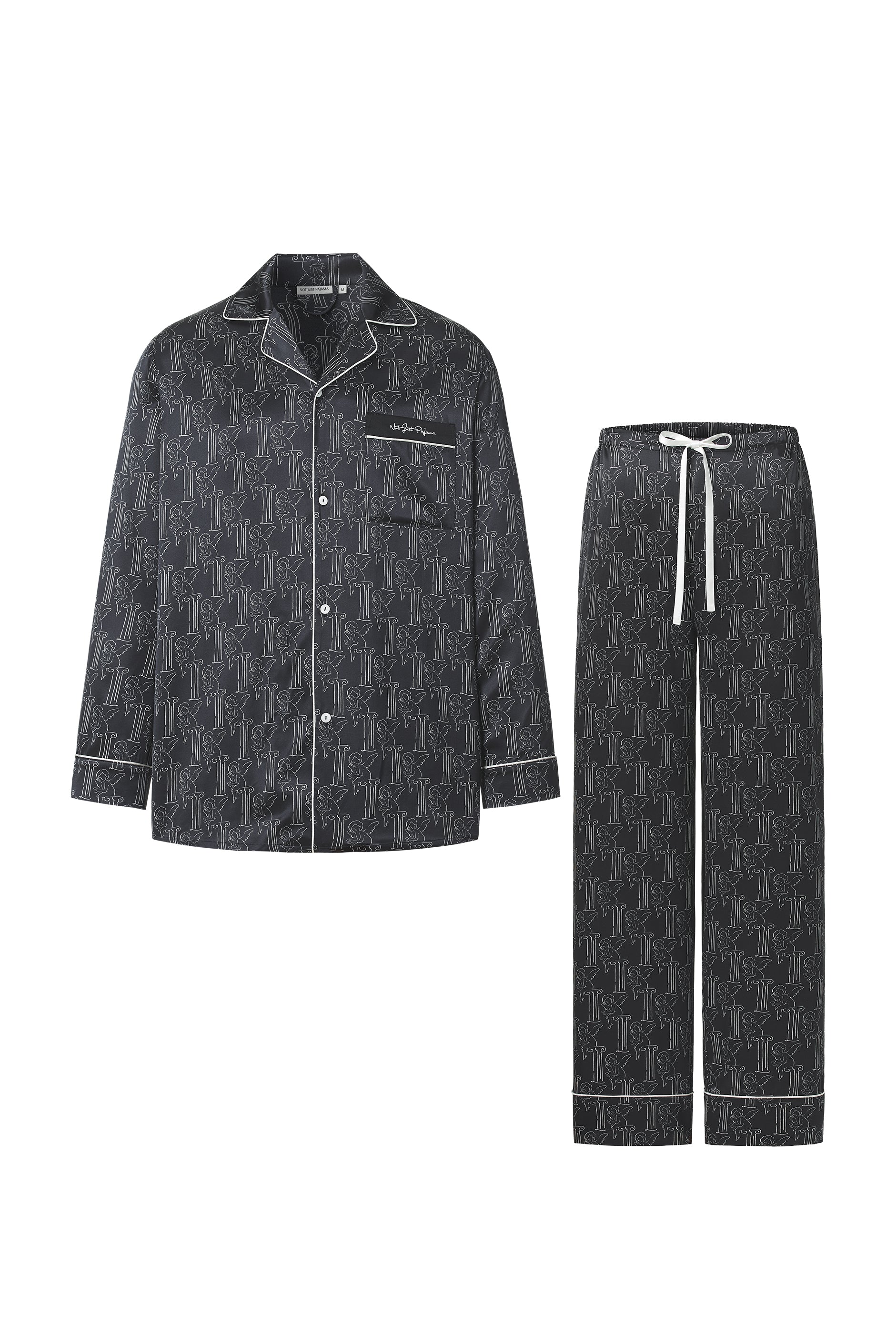 Museum of Crush — Cherub Art Print Black Men's Silk Long Pajama Set-Silk Pajamas Long Set-Midnight Black-M-NJP2570-Not Just Pajama
