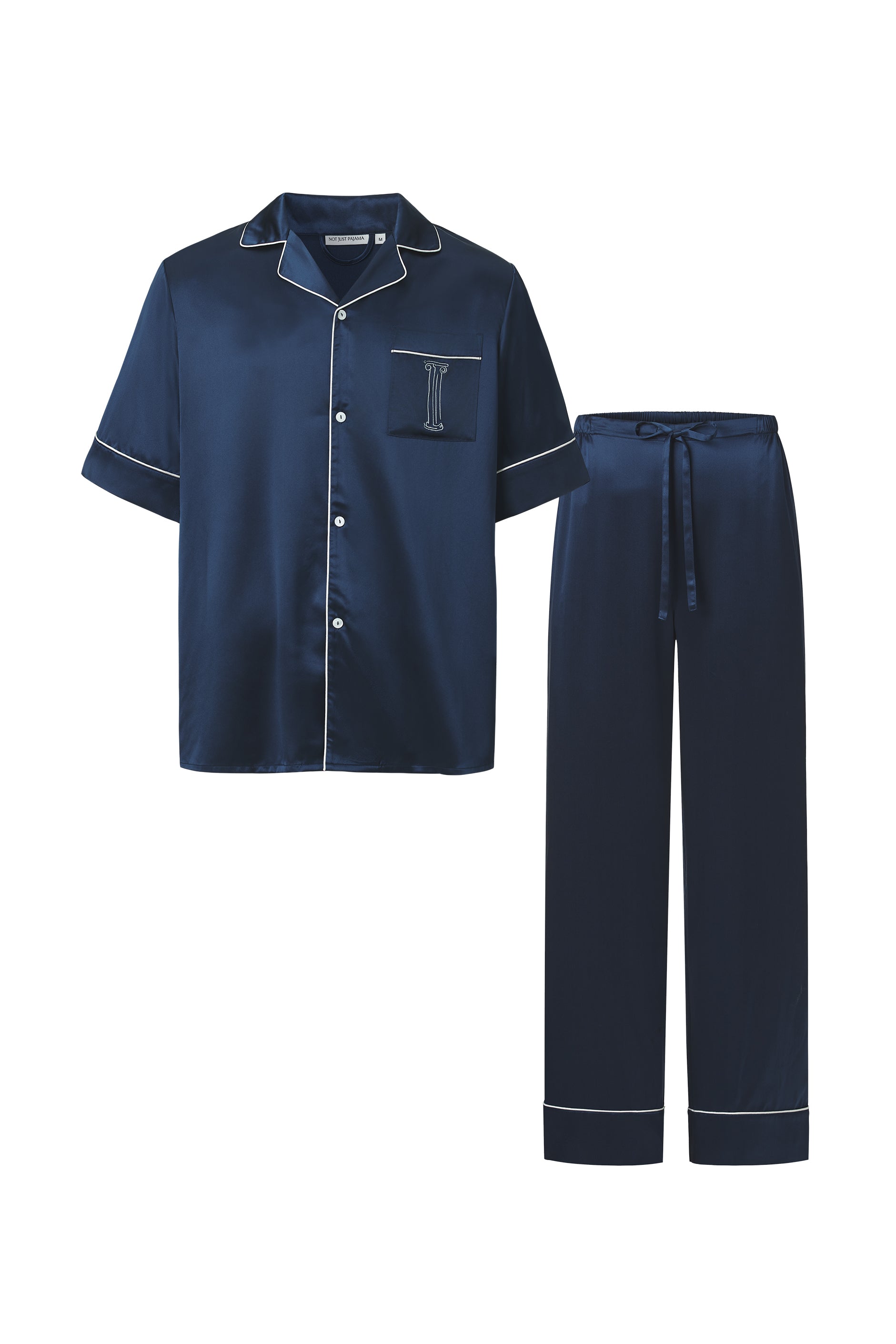 Museum of Crush — Embroidered Navy Blue Men’s Short Sleeve & Long Pants Set-Silk Pajamas Long Set-Navy-M-NJP2580-Not Just Pajama