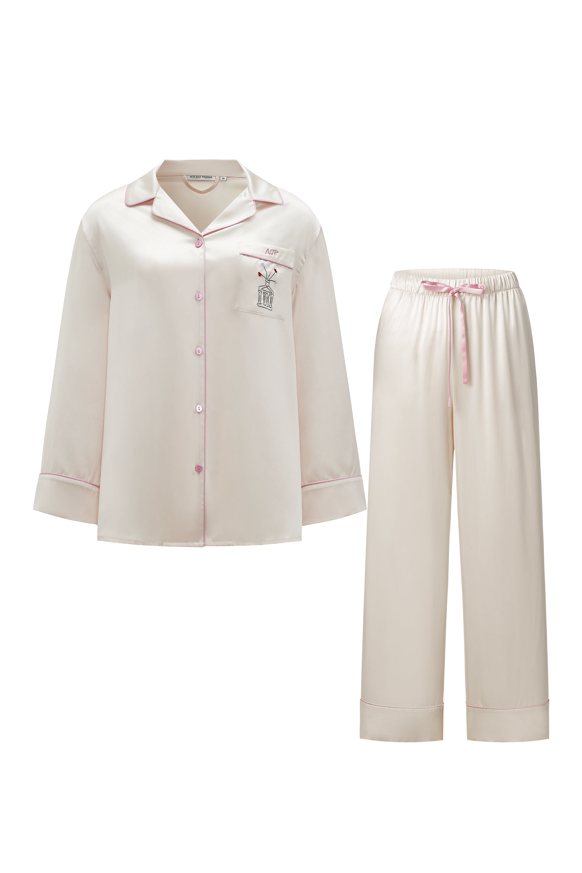 Museum of Crush — Embroidered Blush Pink Women's Long Pajama Set-Silk Pajamas Long Set-Pink-S-NJP2554-Not Just Pajama