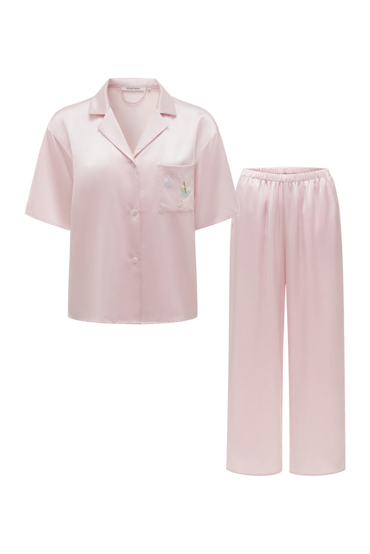 PAJA Beaded Summer Escapes Silk Short Sleeve & Long Pants Set - Pink