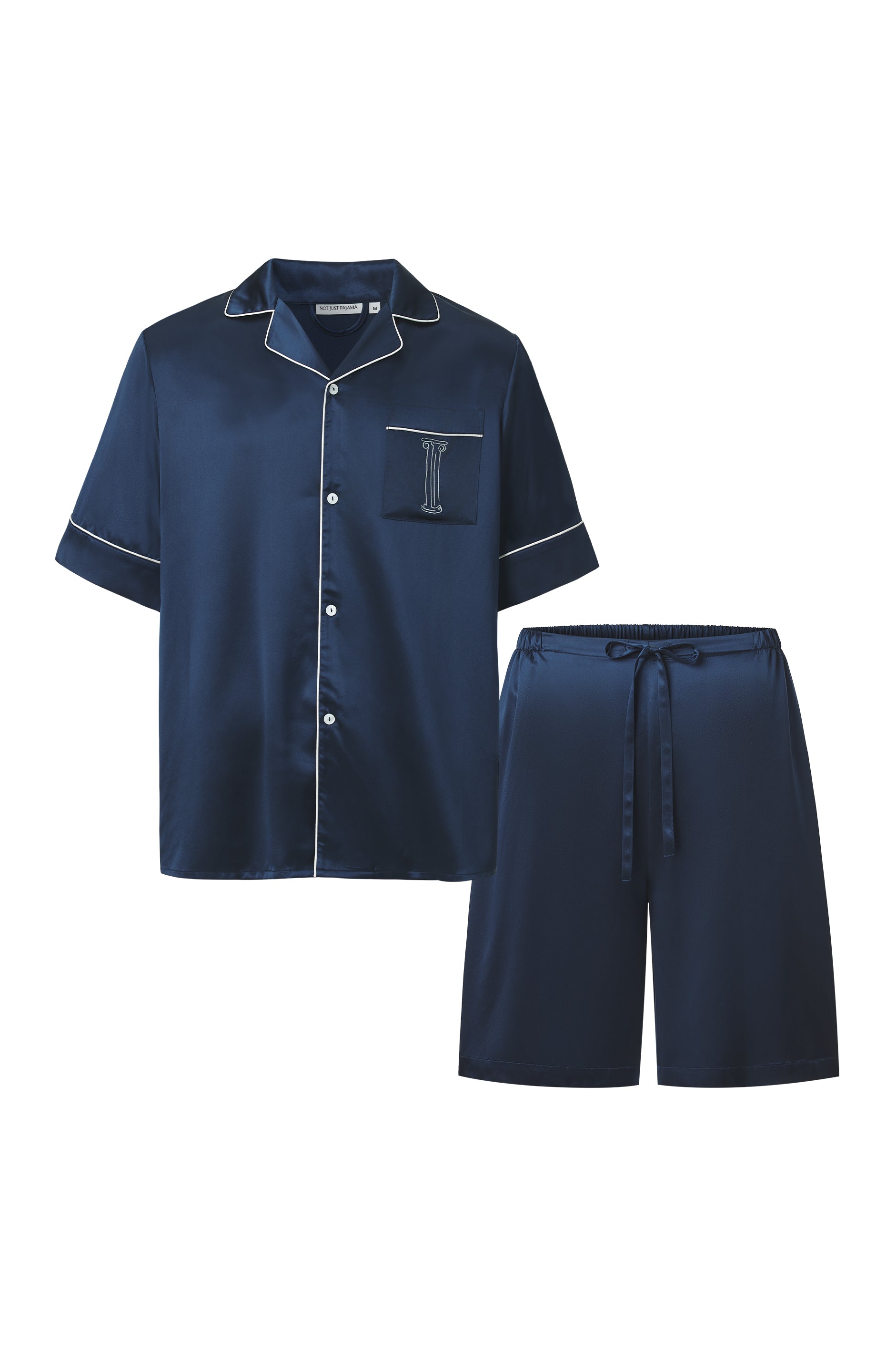 Museum of Crush — Embroidered Navy Blue Men’s Short Pajama Set-Silk Pajamas Long Set-Navy-M-NJP2550-Not Just Pajama