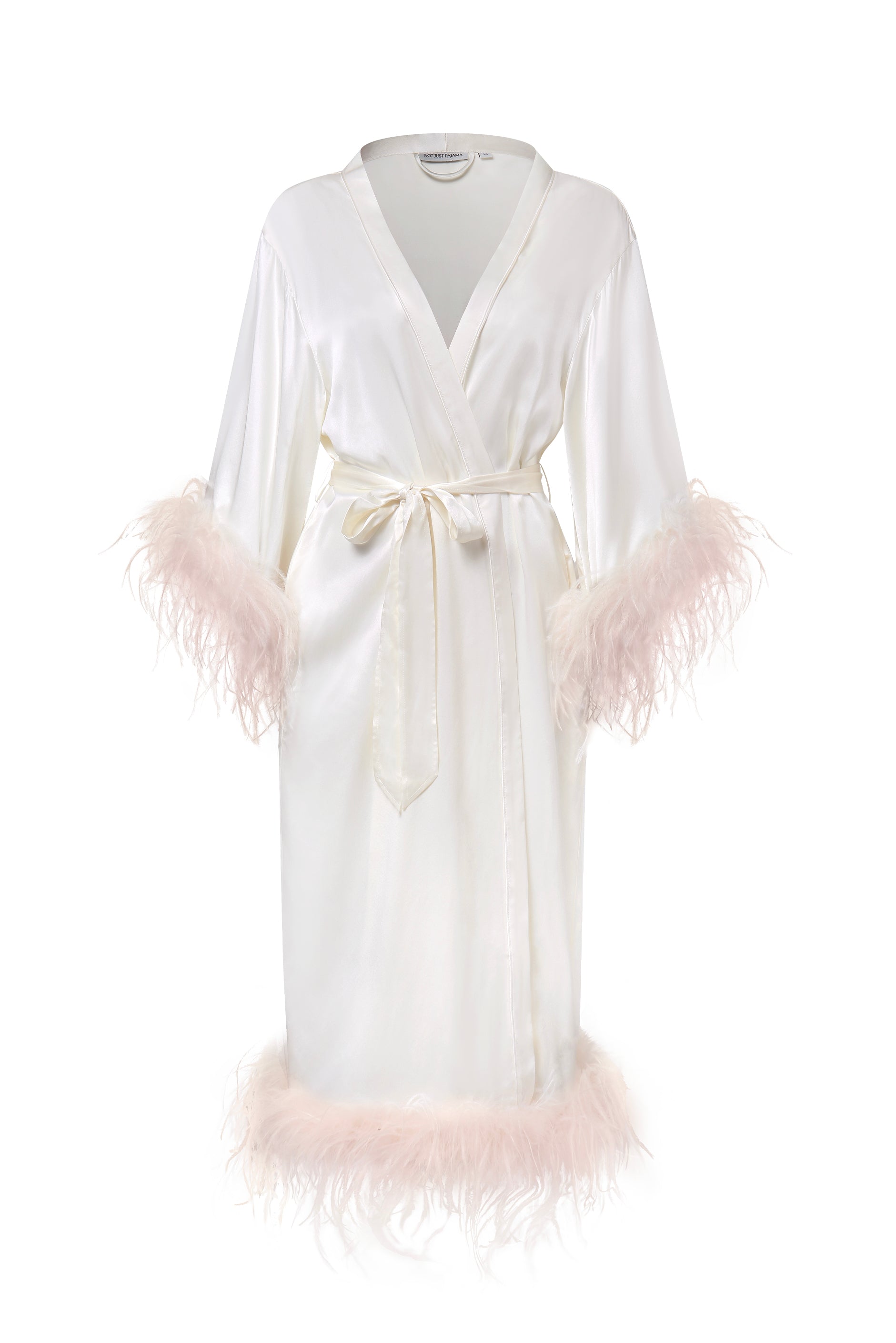 Bride-To-Be Edition | Silk Long Robe with Removable Feathers - Light Blue-Silk Dress-Ivory with Pink Feathers-S-NJP2380-Not Just Pajama