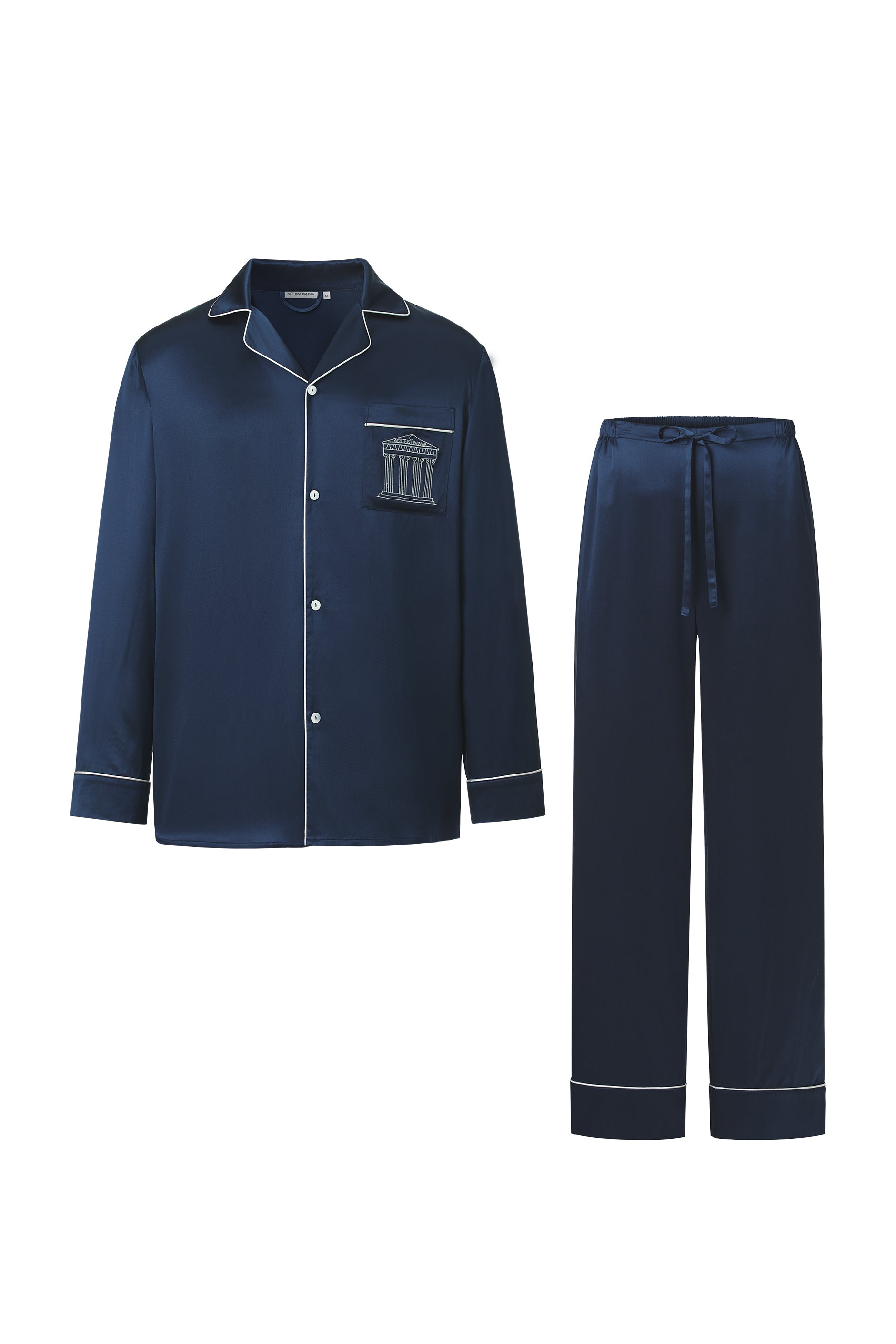 Museum of Crush — Embroidered Navy Blue Men’s Long Pajama Set-Silk Pajamas Long Set-Navy-M-NJP2565-Not Just Pajama