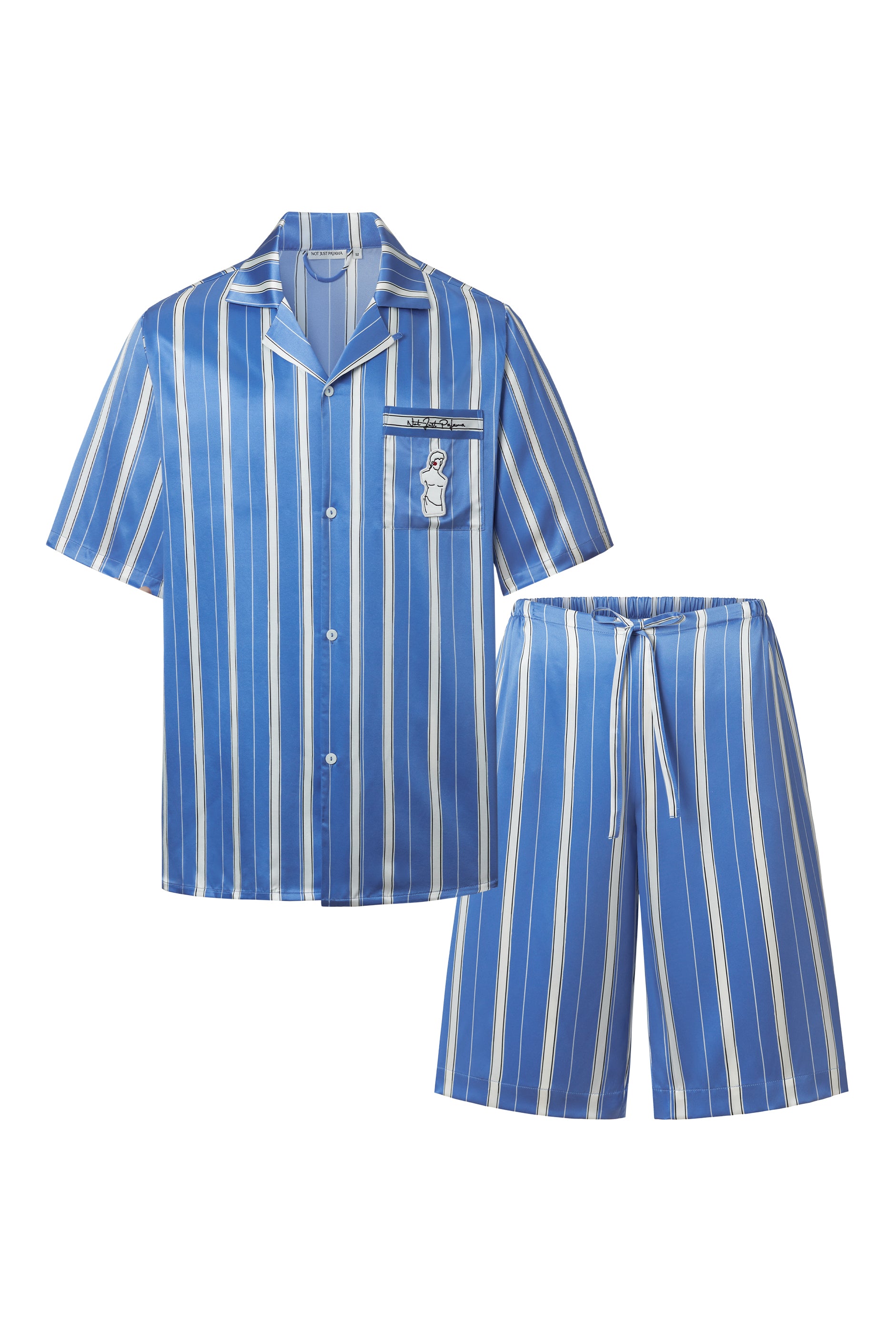 Museum of Crush — Blue Striped Men’s Short Pajama Set-Silk Pajamas for Men-Blue-M-NJP2569-Not Just Pajama