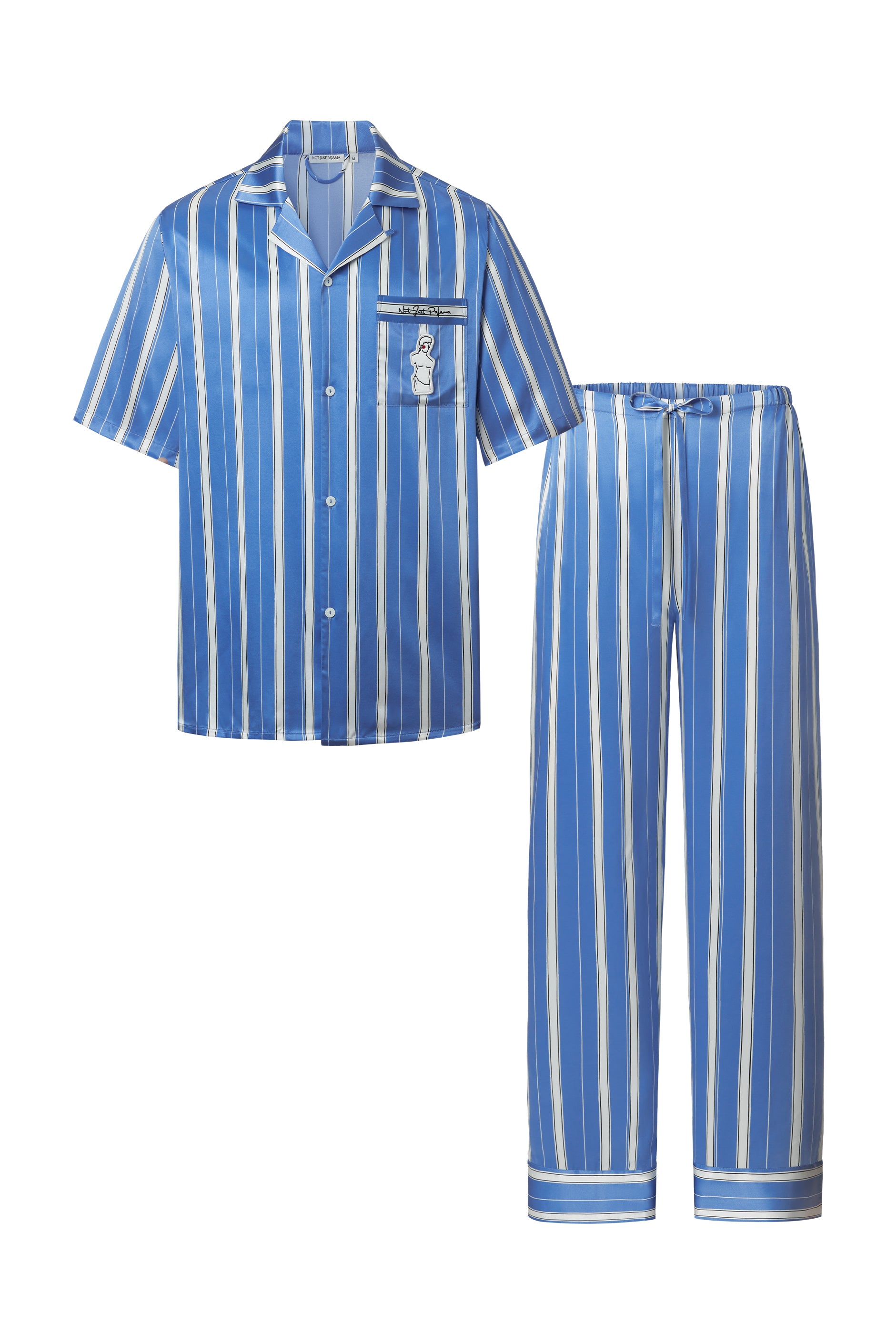 Museum of Crush — Blue Striped Men’s Short Sleeve & Long Pants Pajama Set-Silk Pajamas for Men-Blue-M-NJP2581-Not Just Pajama