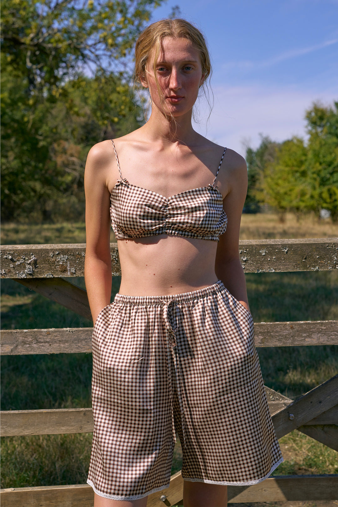 Farm Edit Silk Brown Plaid Print Shorts