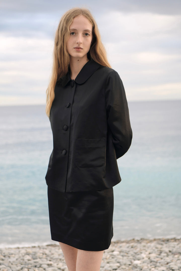 PAJA Dinner Hour Silk-Wool Satin Black Jacket