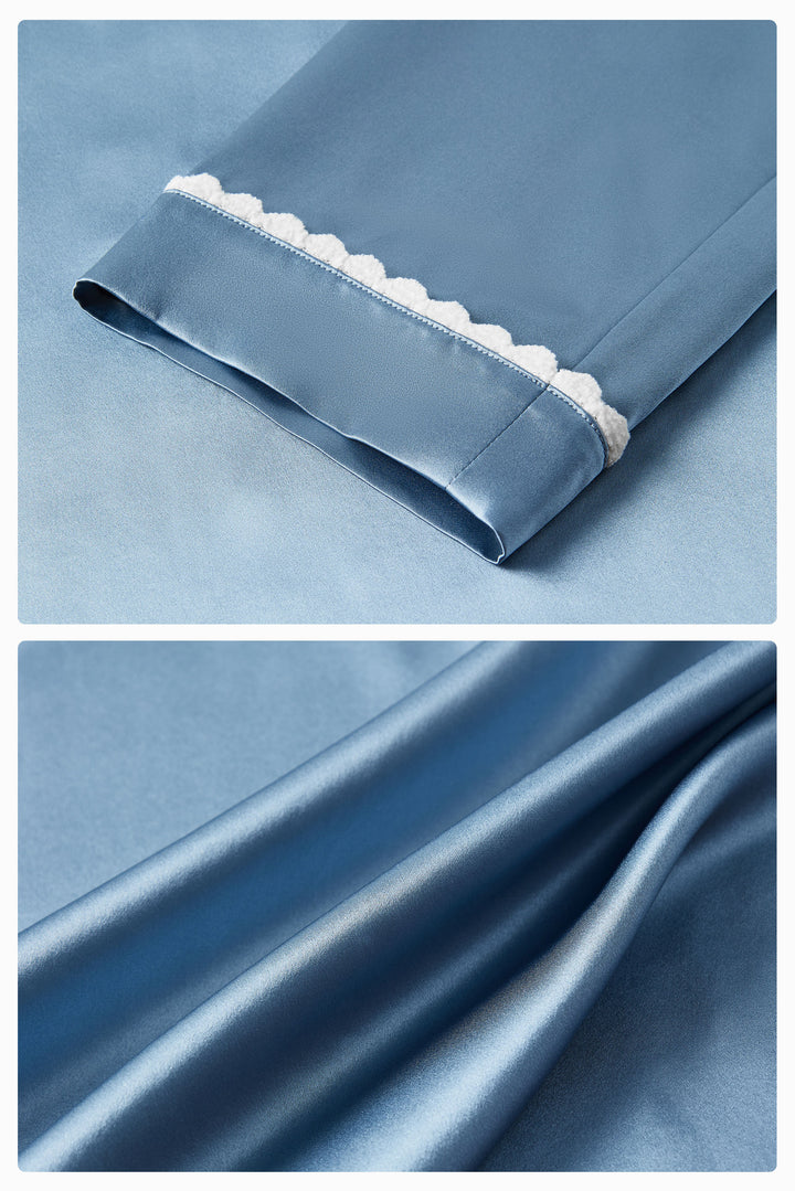 BUBU Collection Men's Silk Velour Edging Long Sleeve Pajama Set - Blue