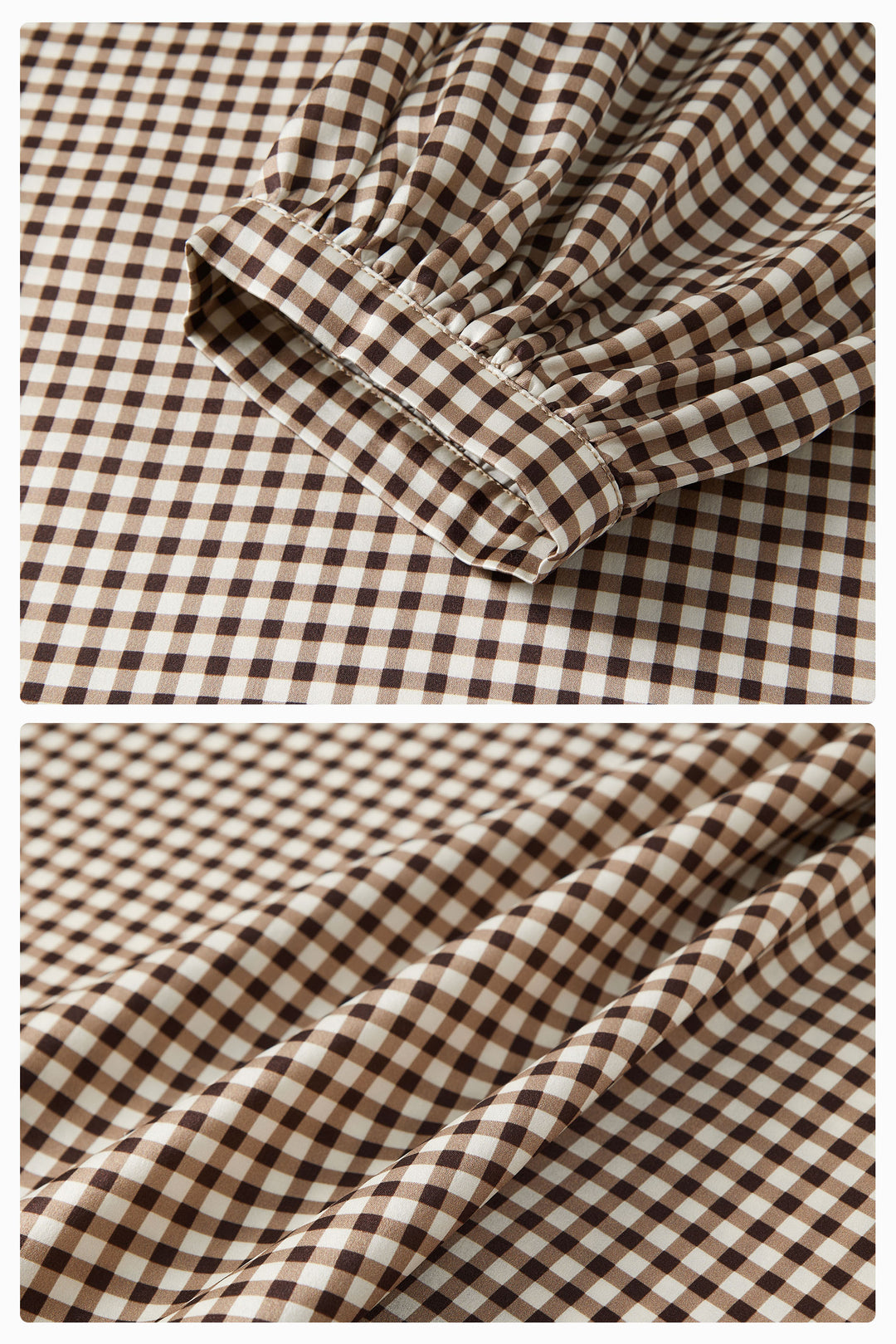 Farm Edit Silk Brown Plaid Print Long-Sleeve Dress