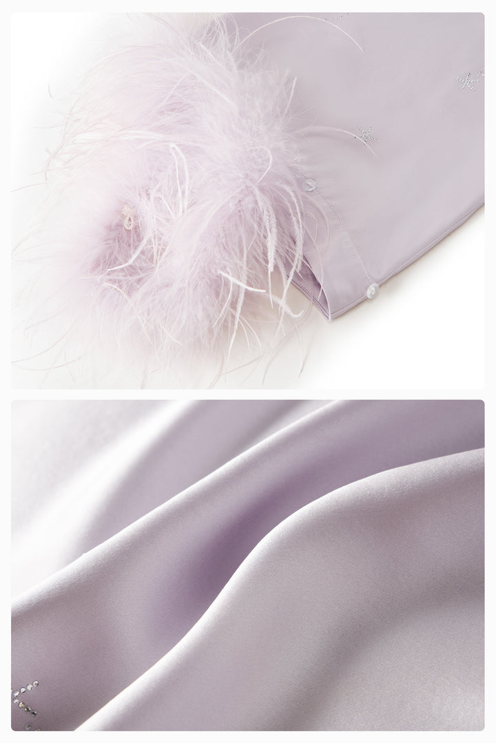 VEGA Collection Feathered Silk Rhinestone-Embellished Short Robe