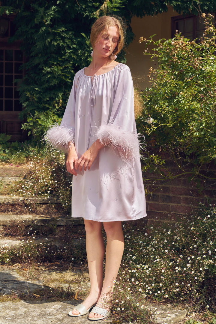 VEGA Collection Feathered Silk Rhinestone-Embellished Short Robe