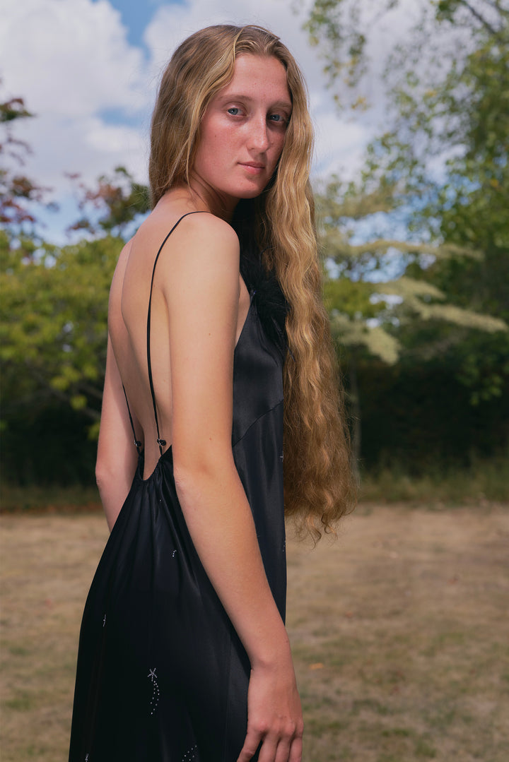 VEGA Collection Feathered Silk Rhinestone-Embellished Slip Dress - Black