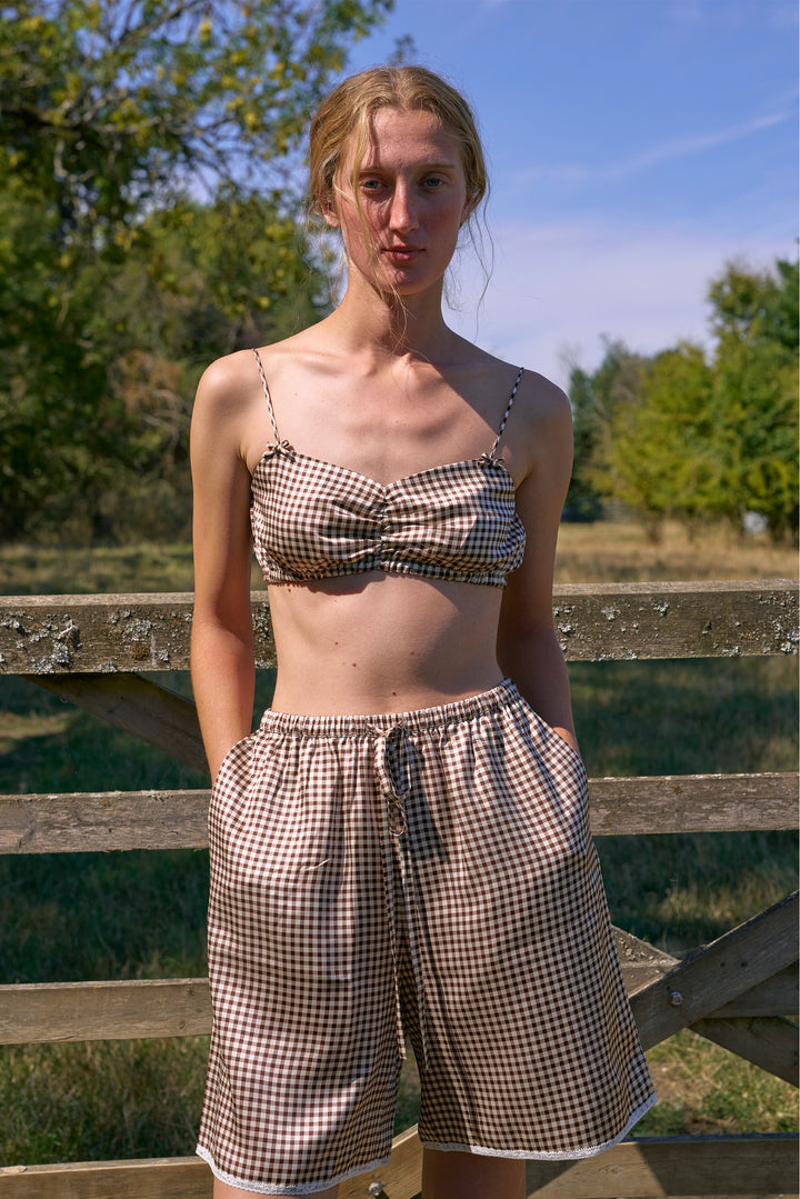 Farm Edit Silk Brown Plaid Print Crop Top