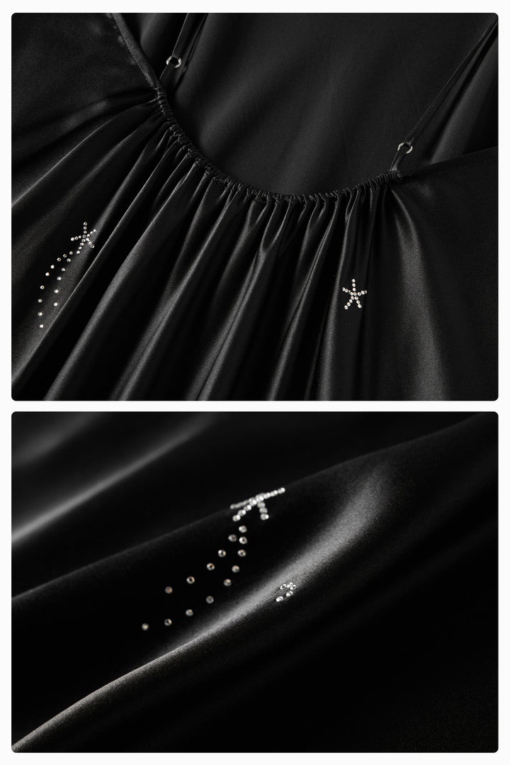 VEGA Collection Feathered Silk Rhinestone-Embellished Slip Dress - Black