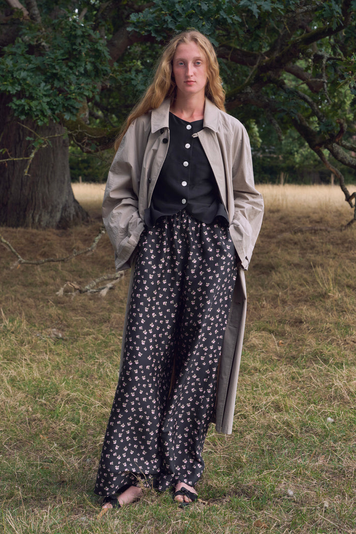 PAJA Farm Edit Dupion Silk Floral Print Trousers - Black