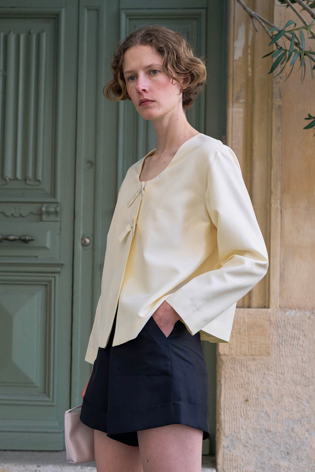 PAJA Out After Brunch Mulberry Silk U-Neck Knot Closure Jacket