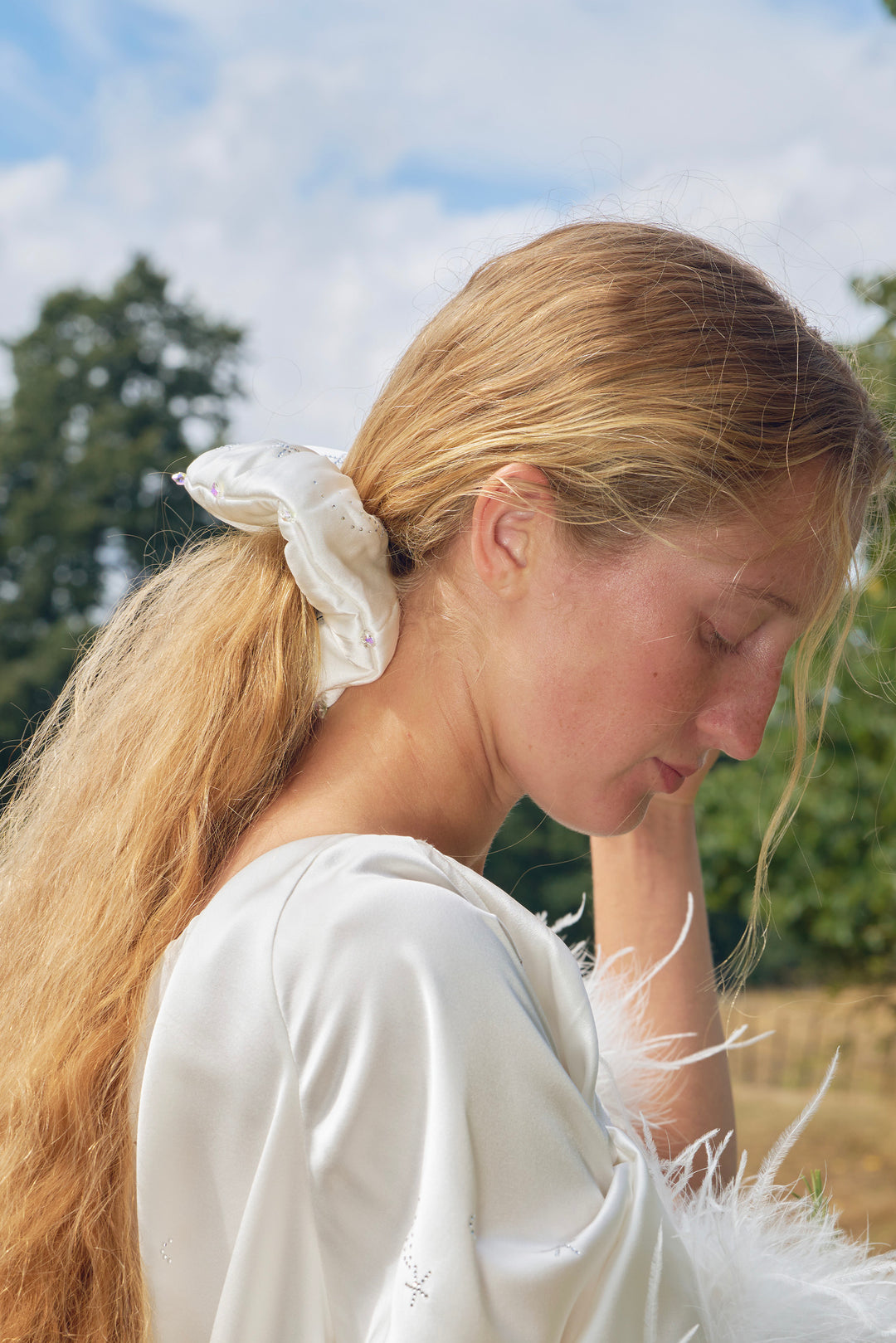 VEGA Collection Feathered Silk Rhinestone-Embellished Scrunchies - White