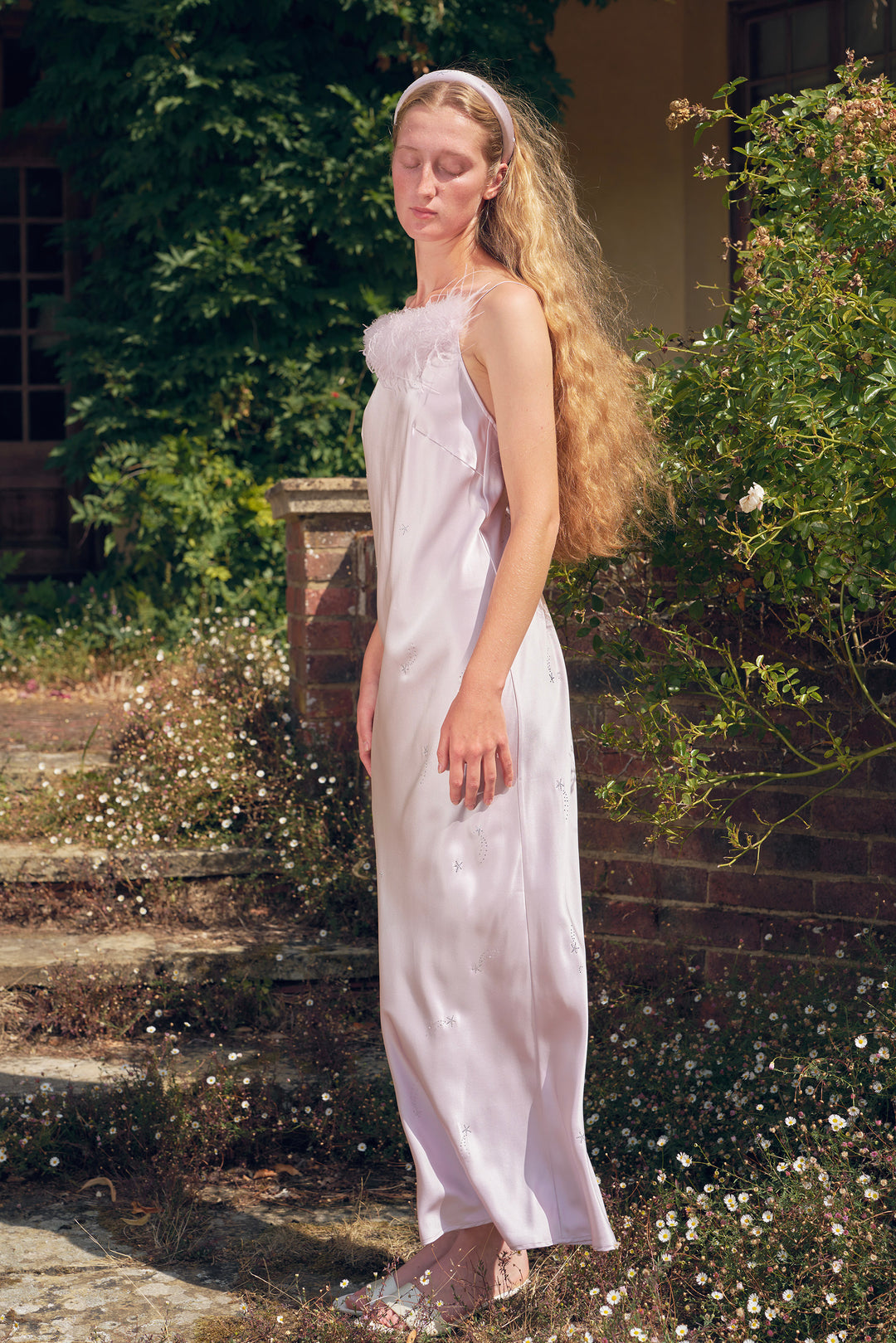 VEGA Collection Feathered Silk Rhinestone-Embellished Slip Dress - Amethyst