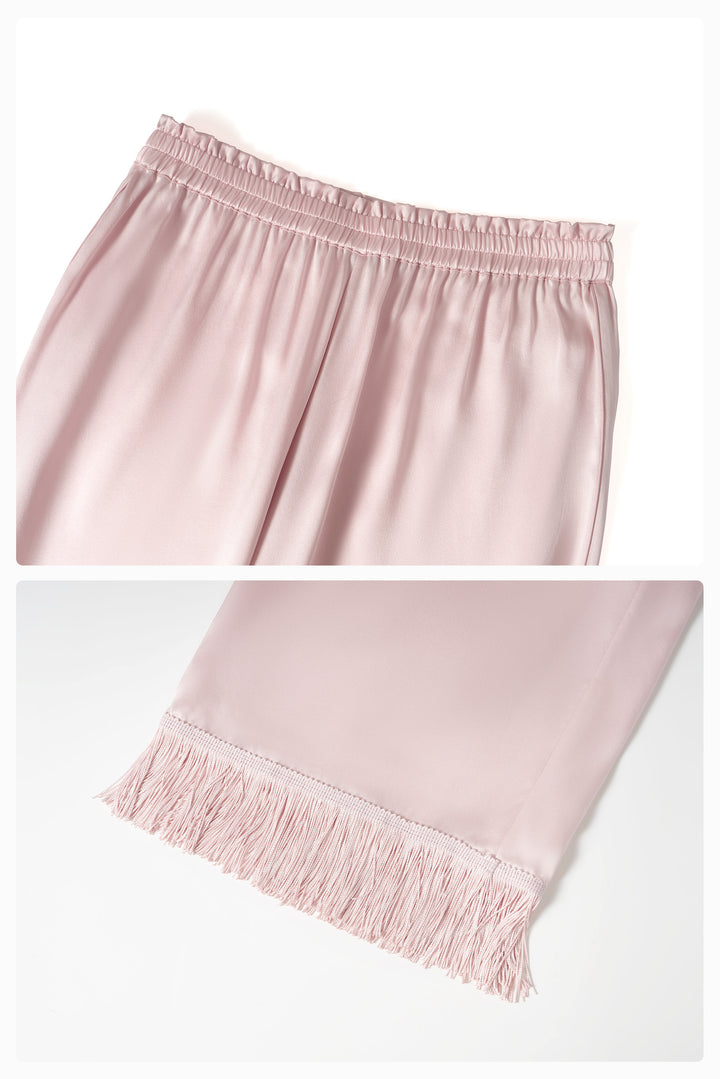 PAJA Summer Shimmer 25 Momme Silk Crepe Satin Fringe-Trim Pants