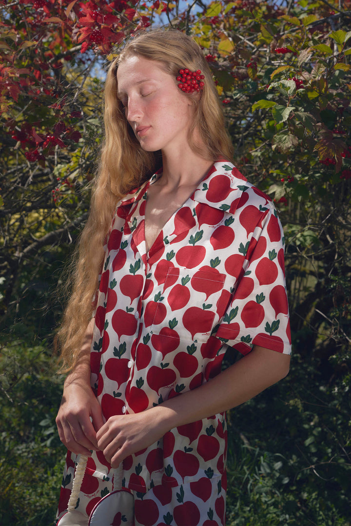 Farm Edit Red Turnip Print 22 Momme Silk Short-Sleeve Pajama Set