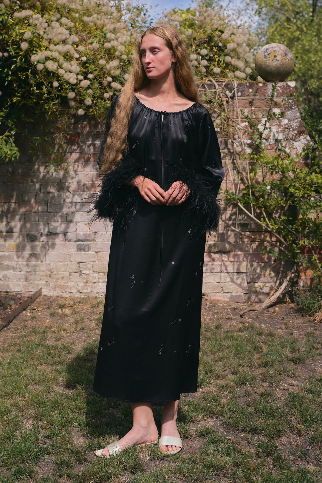 VEGA Collection Feathered Silk Rhinestone-Embellished Long Robe - Black