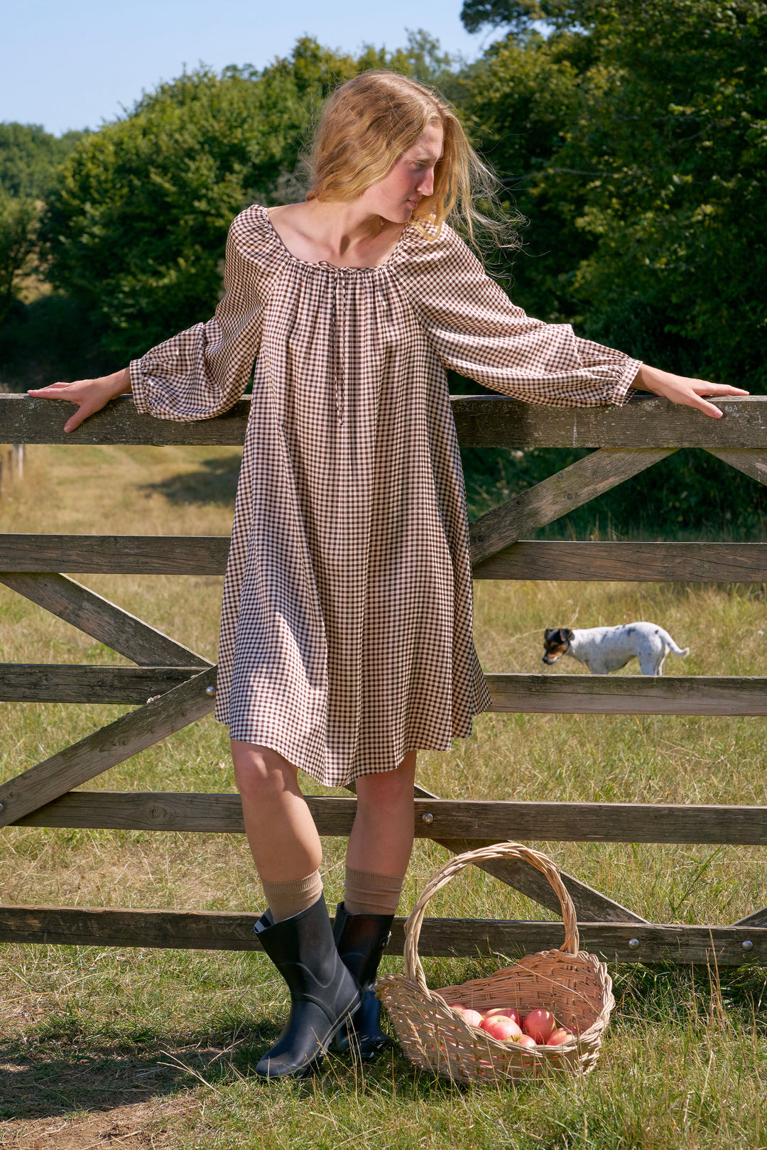 Farm Edit Silk Brown Plaid Print Long-Sleeve Dress