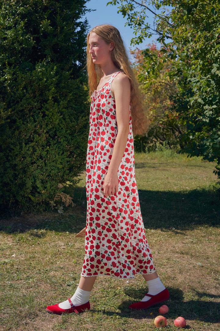 Farm Edit Red Turnip Print 22 Momme Silk Sleeveless Lace-Trim Dress