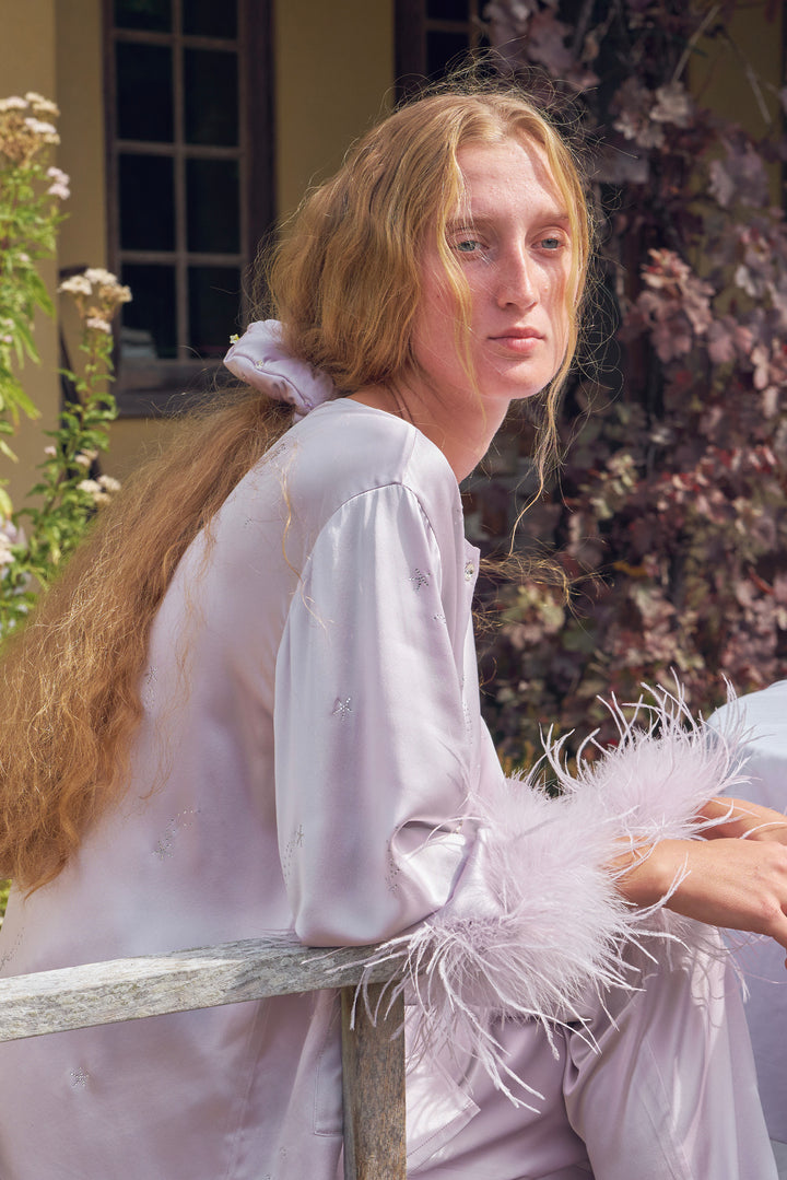 VEGA Collection Feathered Silk Rhinestone-Embellished Scrunchies - Amethyst