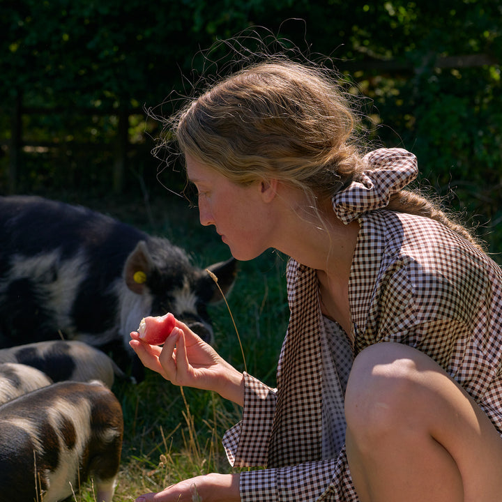Farm Edit Silk Brown Plaid Print Scrunchies