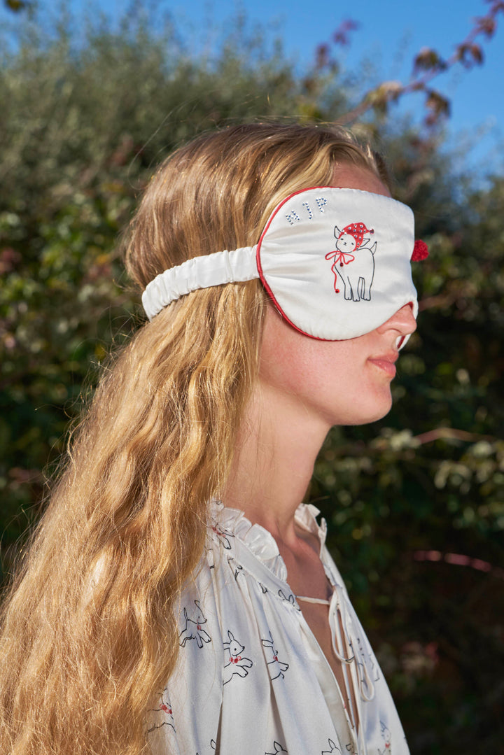 Bubbie 22 Momme Silk Printed Rhinestone Pom-Pom Eye Mask