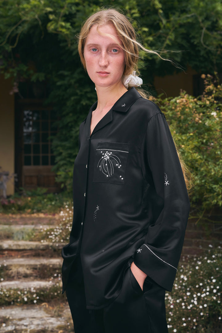 VEGA Collection Silk Rhinestone-Embellished  Long Sleeve Set - Black