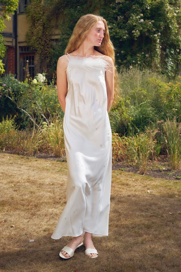VEGA Collection Feathered Silk Rhinestone-Embellished Slip Dress - White