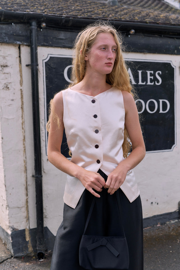 PAJA Farm Edit Waist-Tied Silk-Wool Satin Vest - Beige