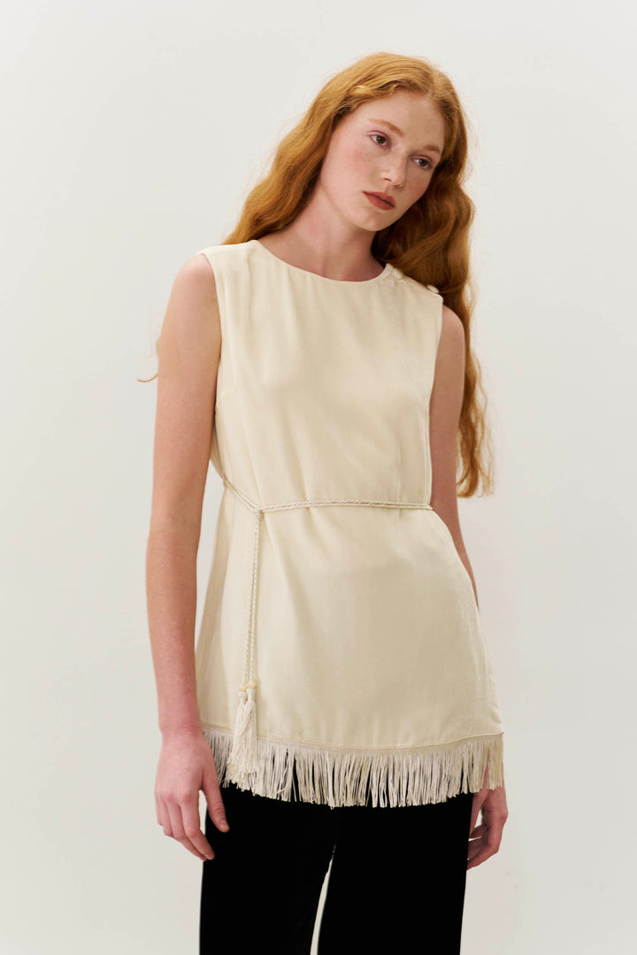 PAJA Summer Shimmer Silk Velvet Fringe-Trim Vest Top