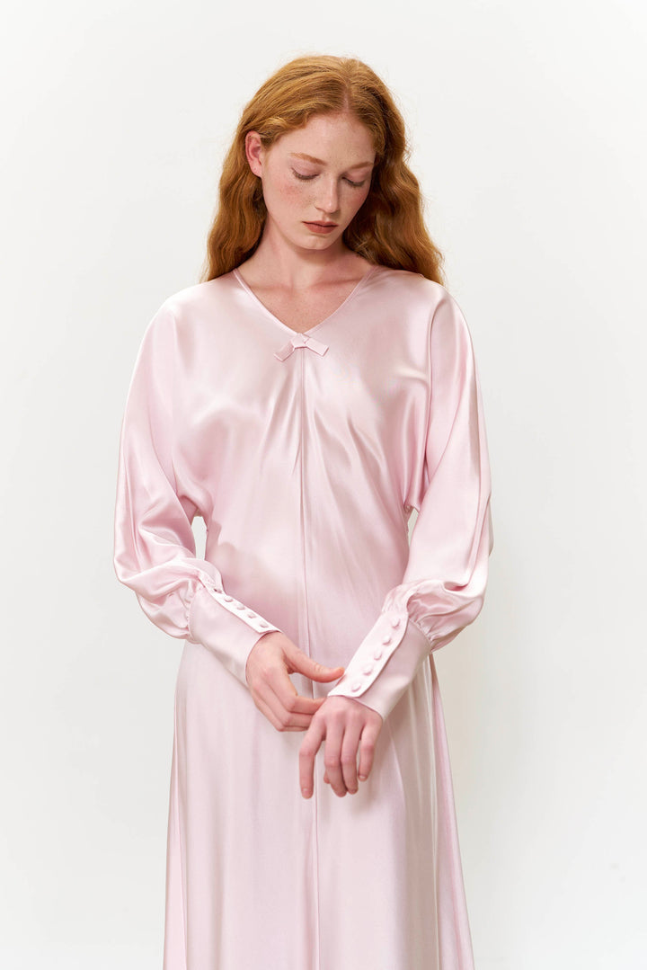PAJA Summer Shimmer Bias-Cut 25 Momme Silk Crepe Satin V-Neck Long Dress
