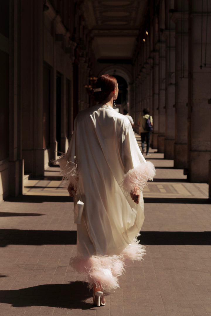 Bride-To-Be Edition | Silk Long Robe with Removable Feathers - Light Blue
