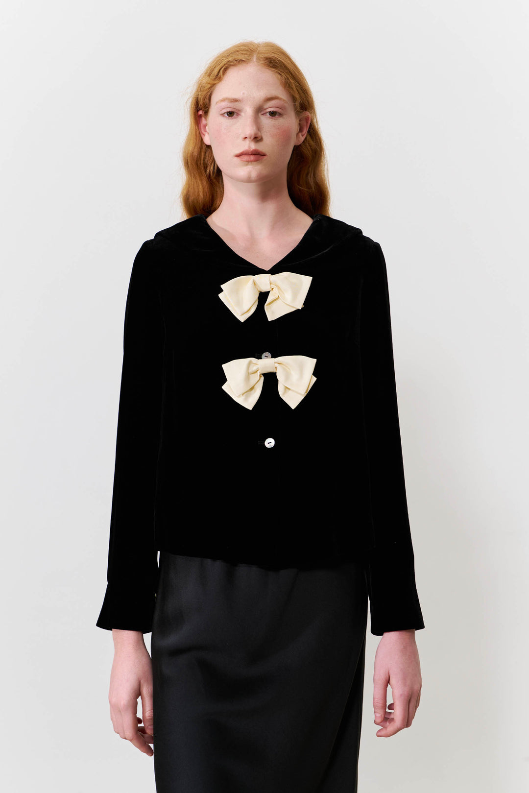 PAJA Summer Shimmer Silk Velvet Sailor Collar Bow Cropped Top